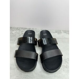BP Sandals Womens Size 7 Black Double Strap Open Toe Slip On Glittery Slides‎
